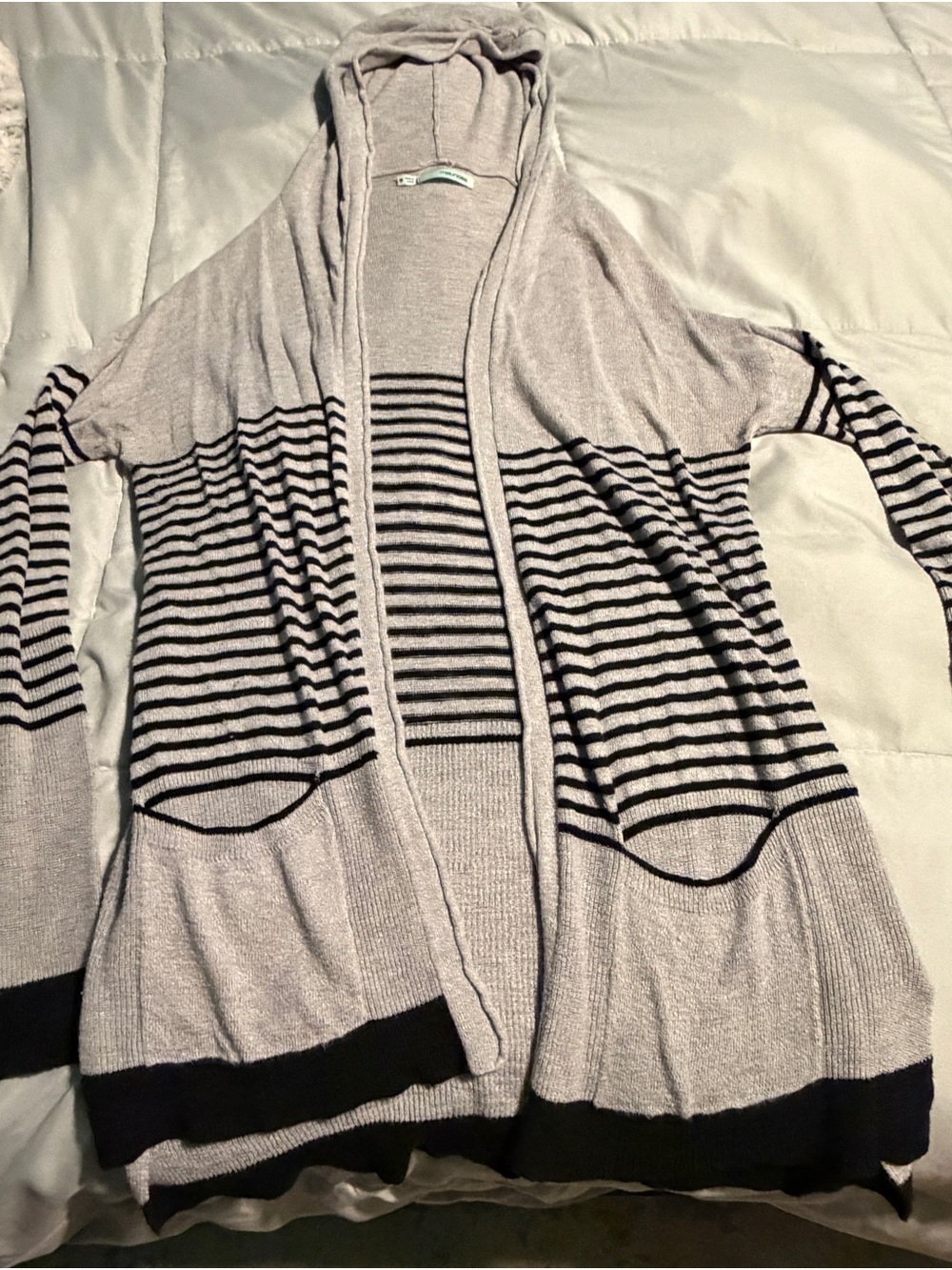 Light Gray & Black Striped Hooded Open Cardigan Sweater Size Medium
